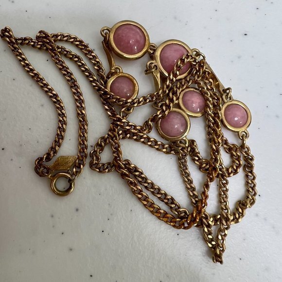 Sarah Coventry Necklace Pink Stone Gold Tone Chain Beaded Vintage - Picture 6 of 7